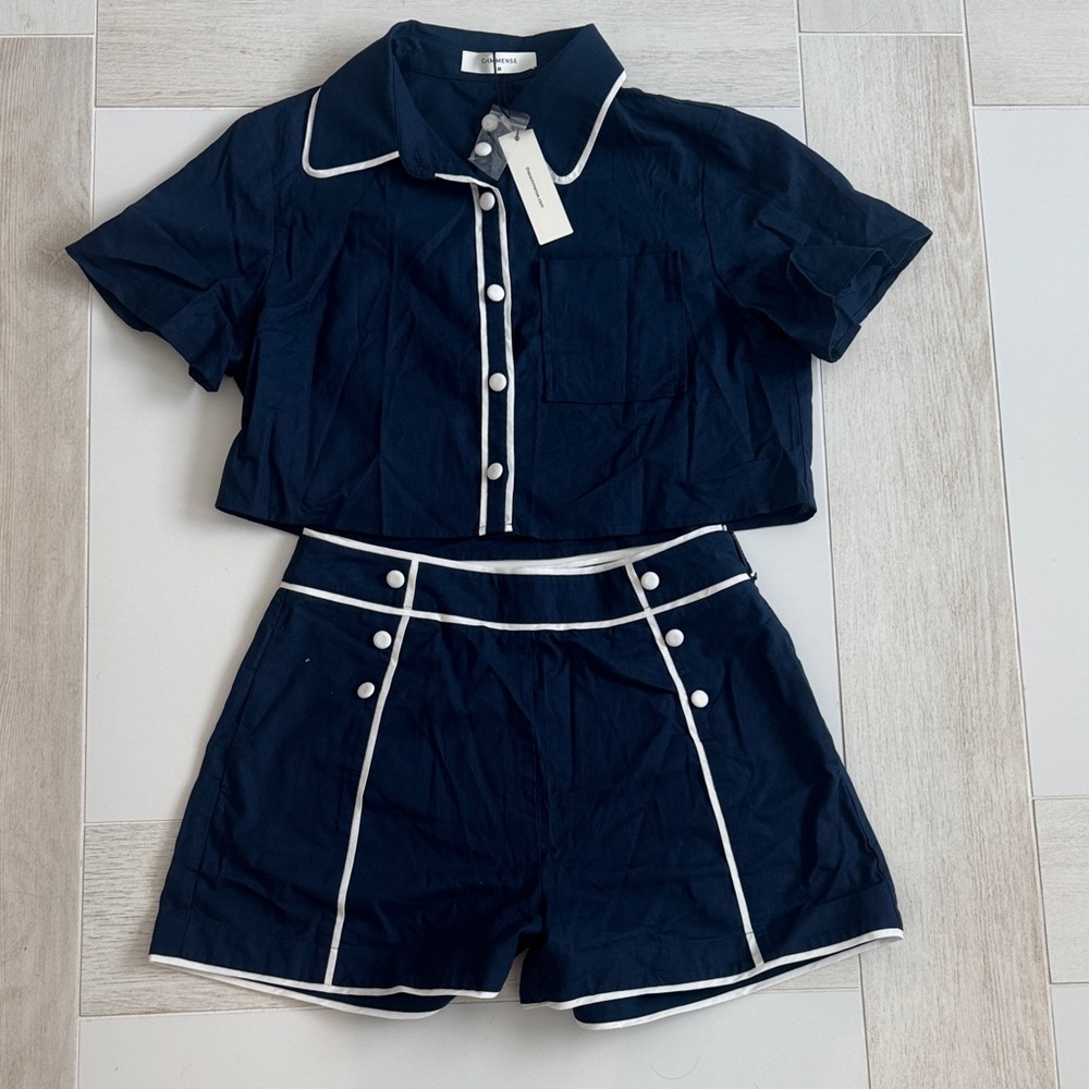Commense Navy Shirt and High Rise Shorts with White Piping - Picture 2 of 5